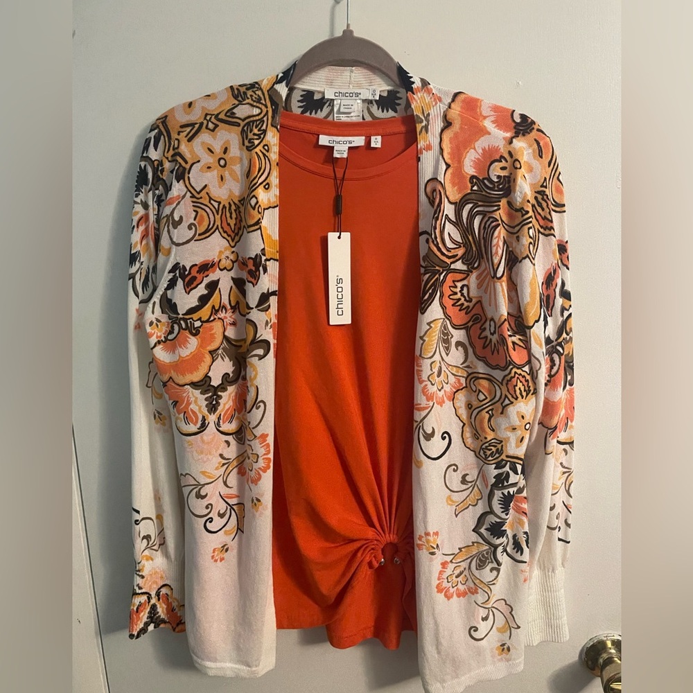 Chico's Orange Top with Floral Accents